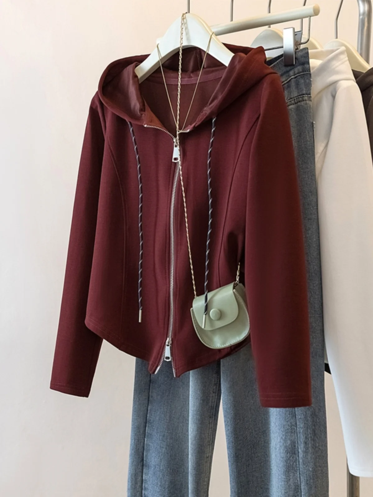 

plus Size Ankela Red Hooded Double Zipper Sweatshirt Jacket Women Spring Slimming Shoulder European Cargo Drawstring Top