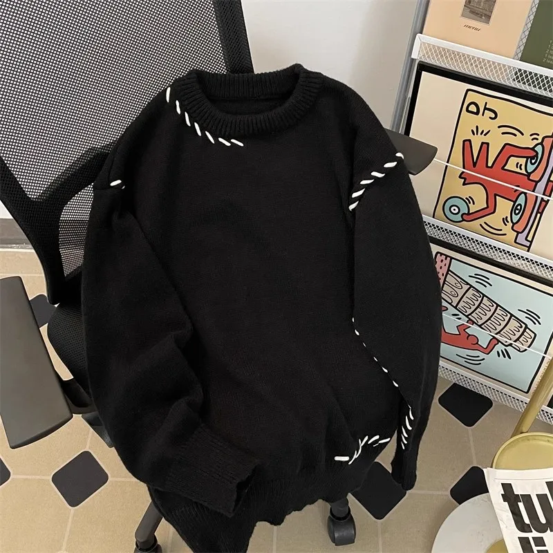 

Свободный американский вязаный свитер для мальчиков, осень-зима, новинка, яркий дизайн с контрастной строчкой, повседневная модная базовая одежда