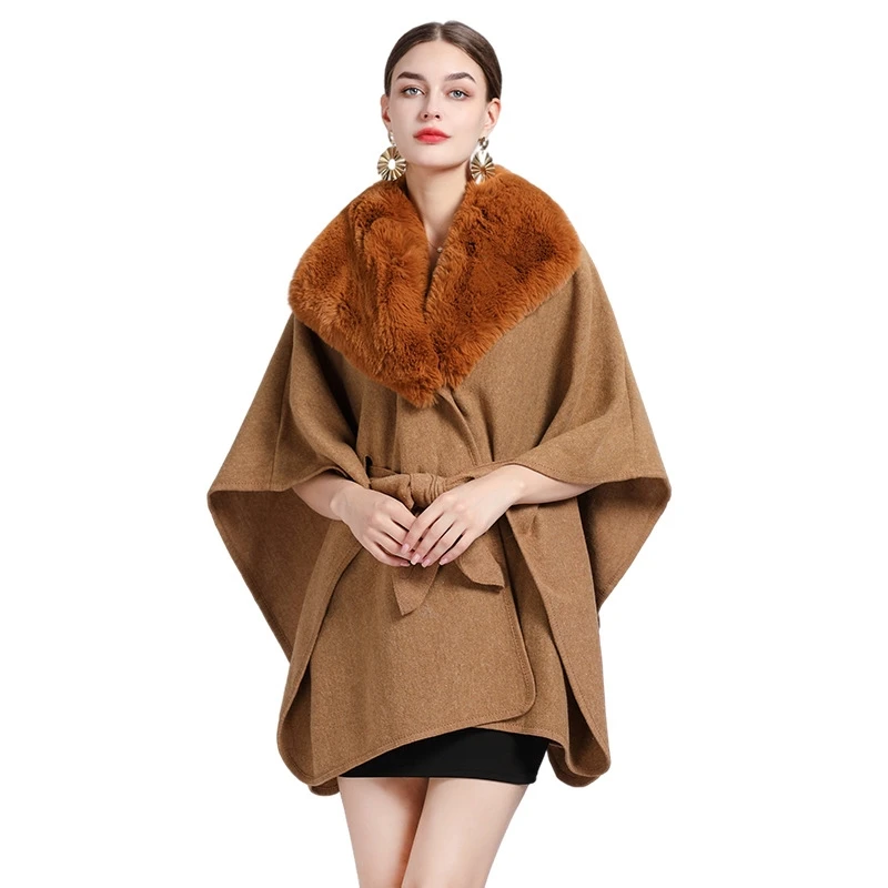 

5 Colors Women Cardigan Triangle Neck Belt Out Streetwear Loose Cloak Winter Warm Woolen Poncho Cappa Faux Rabbit Fur Shawl Coat