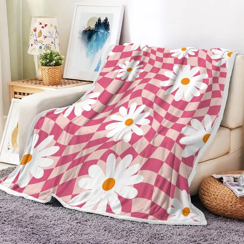 Pink checkerboard blanket with vintage flowers, cute and soft flannel throw blanket 80INx60IN