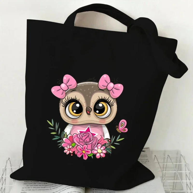 Cartoon Owl  Hand-painted Print Women Handbag Fashion Tote Bag High-capacity Reusable Shopping Bag Kawaii Animal Lady Canvas Bag