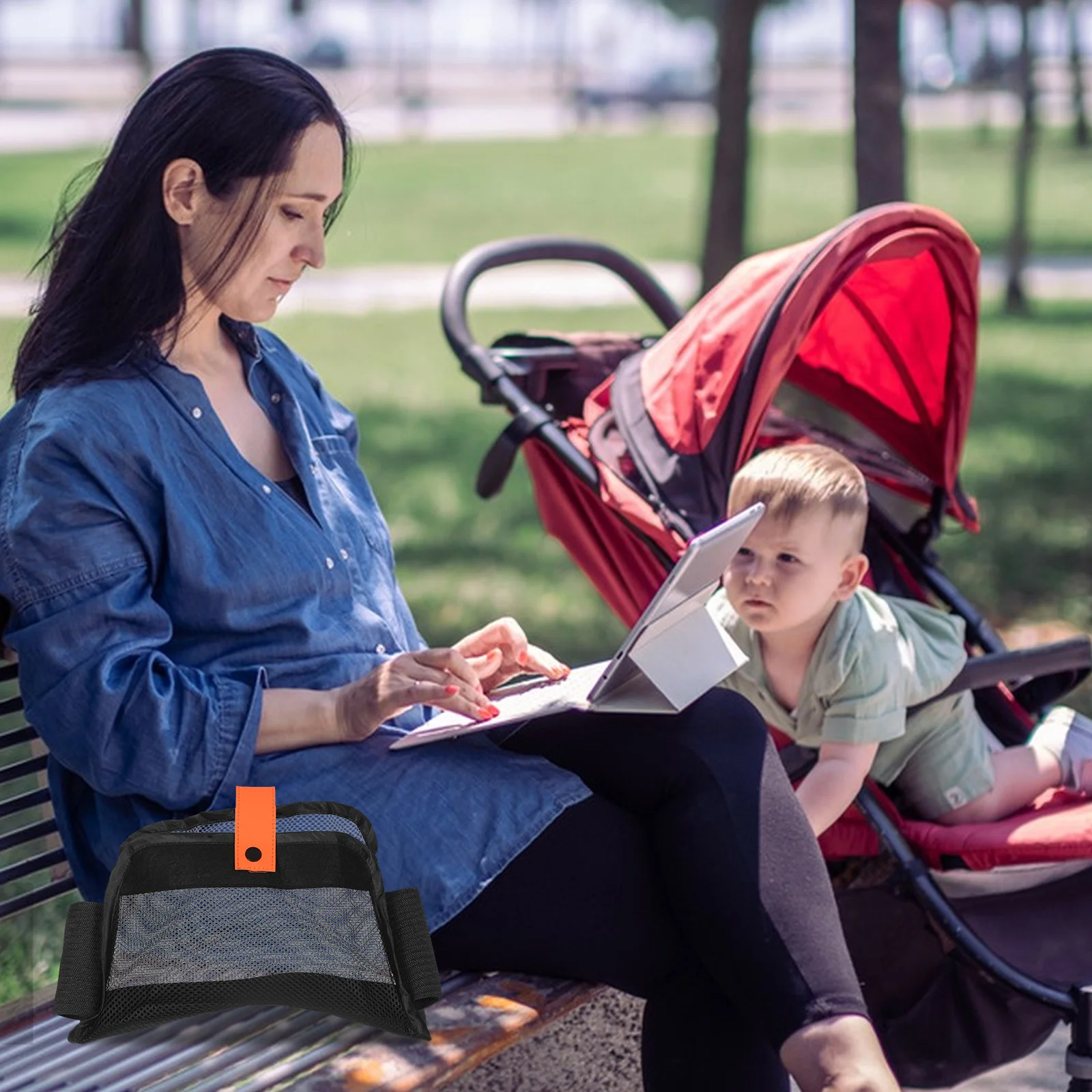 سلة سفلية لعربة الأطفال، قماش أكسفورد أسود، منظم عربة الأطفال العالمي، مساحة تخزين إضافية، حقيبة تخزين معلقة للكرسي المتحرك