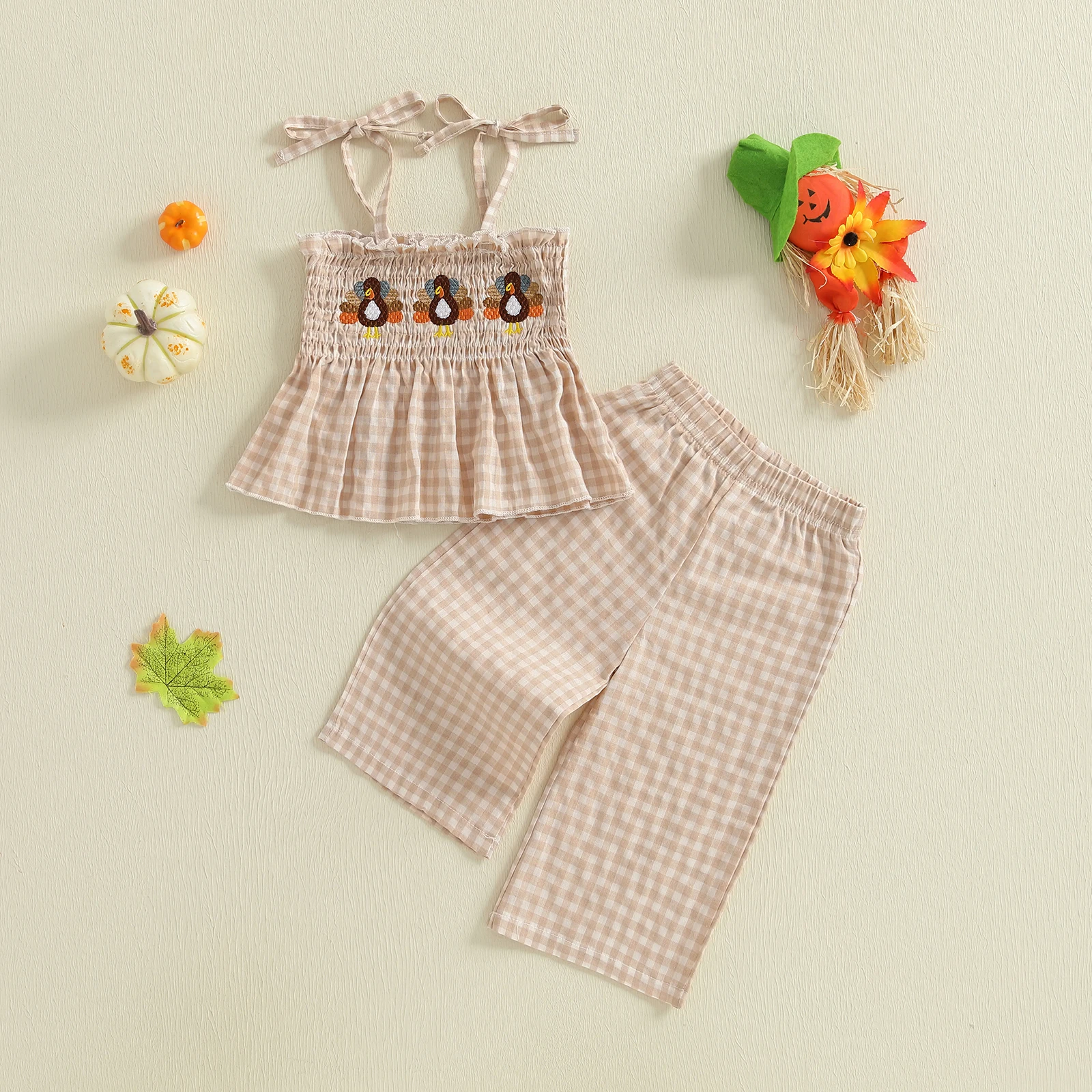

Toddler Girl Halloween Outfit Pumpkin Embroidery Smocked Tie-up Spaghetti Strap Tops Wide Leg Pants Plaid Set
