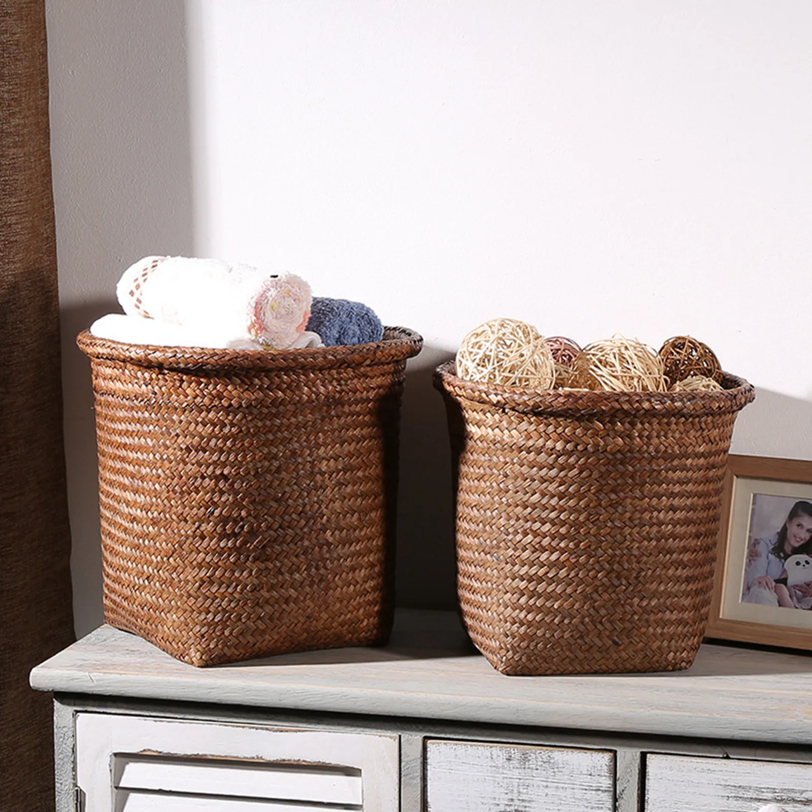 Storage Basket Garbage Can Office Waste Basket Straw Woven Wastebasket Trash Container Paper Personalized Home Rubbish Bin