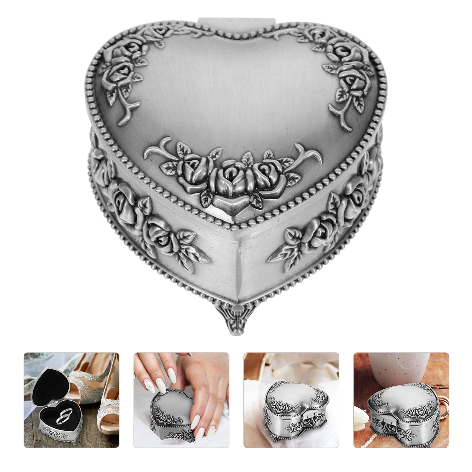 

Vintage Heart Shaped Jewelry Box Zinc Alloy Embossment Flower Retro Storage Holder for Rings Necklaces Cosmetics Decorative