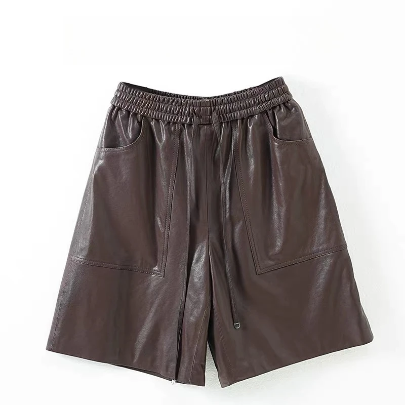 2025 Spring Women's Genuine Leather Shorts Female Handsome Straight High Waist Suit Shorts Casual Wide elastic waist