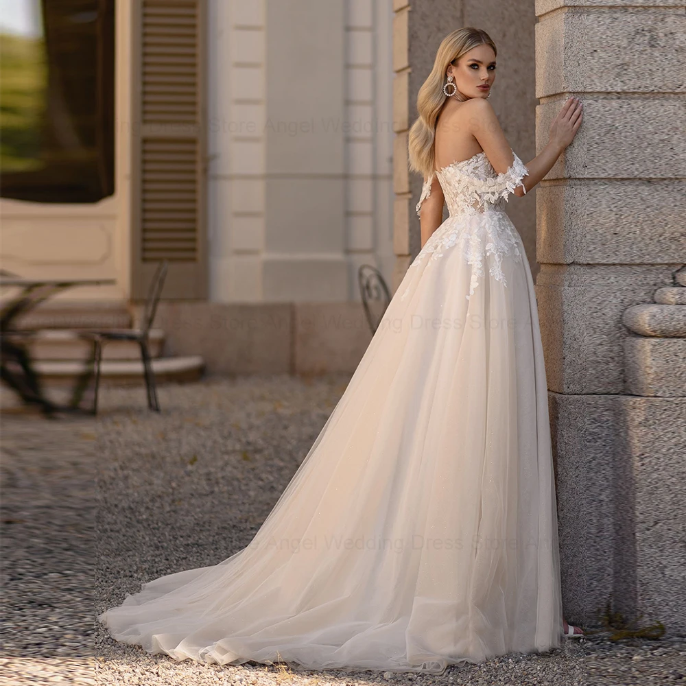 ANGEL Light Champagne Pastrol Wedding Dresses Off Shoulder Sweetheart Bride Gowns Side Split A-Line Tulle Vestido De Novia