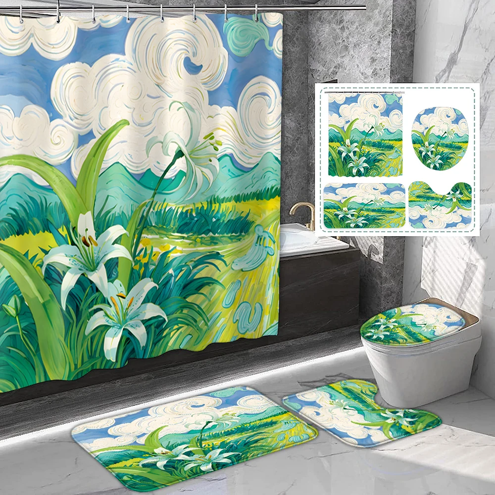 

1 комплект штор для душа из полиэстера с принтом сельской местности лилии и масляной живописи, романтический и мечтательный стиль, с пластиковыми крючками и ковриками