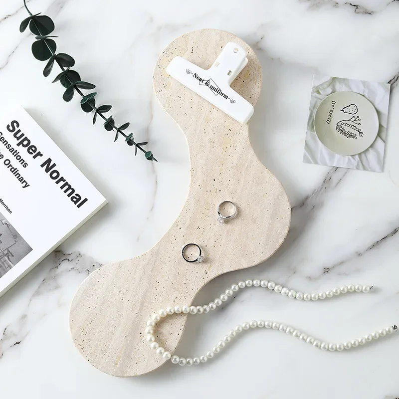 Irregular Shape Natural Marble Tray for Ring Earrings Jewelry Display Decorative Travertine Trinket Dish for Watch Keys Perfume