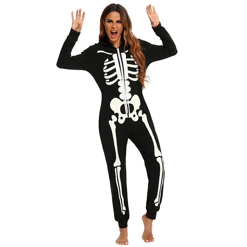 Skelet Onesie Pyjama Voor Vrouwen Pluche Skelet Jumpsuit Ritssluiting Halloween Hoody Pyjama Voor Volwassen Nachtkleding Kostuum Zwart