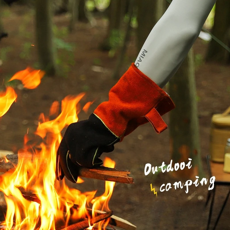 

Outdoor Camping Barbecue Heat-Resistant Gloves Flame-Retardant Insulated Wear Leather Gloves Welding Protection Microwave