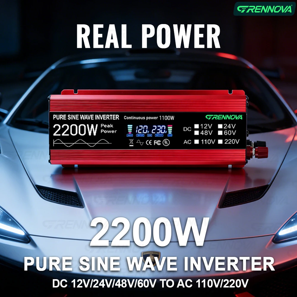 GRENNOVA 2200W Pure Sine Wave Inverter DC 12V 24V 48V to AC 110V 220V 1100W Rated Power Power Inverter for RV Truck Solar System