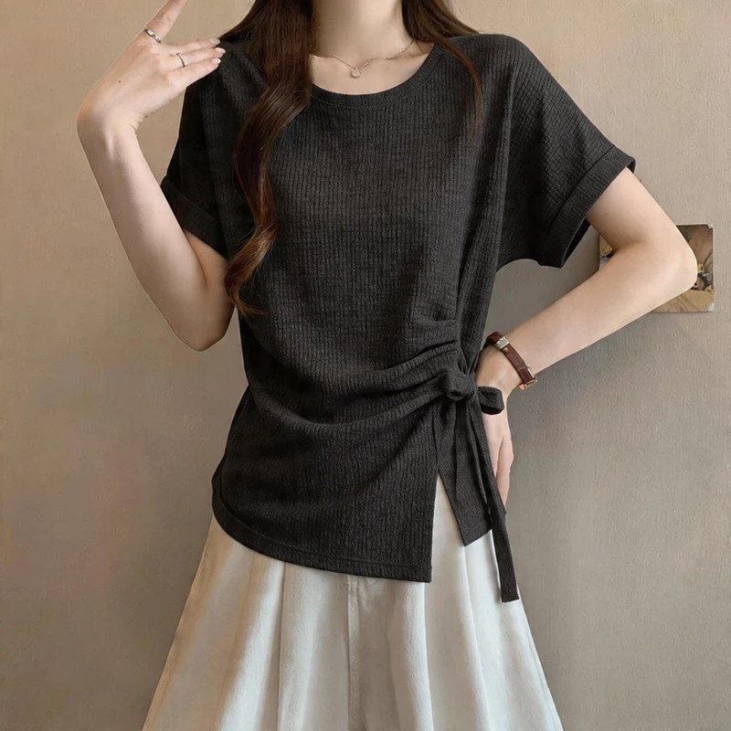 

Loose Fit Summer T-Shirt Women's plus Size round Neck Design Sense Tie Short Sleeve Top Breathable Comfortable Versatile Casual