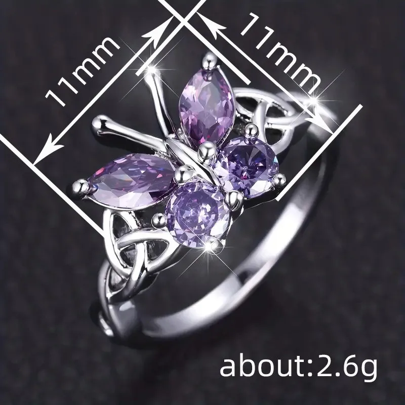 925 Sterling Silver Butterfly Finger Rings for Women Charming Purple Zirconia Jewelry Chic Aesthetic Accessories