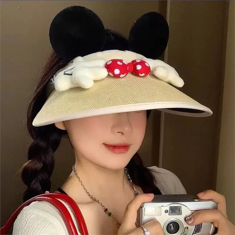 Cute Adult Cartoon Mouse Ears Summer Hat Travel Beach Hat Protection Sun Shade Visor Hat Outdoor Beach Hat Large Ear Straw Hat