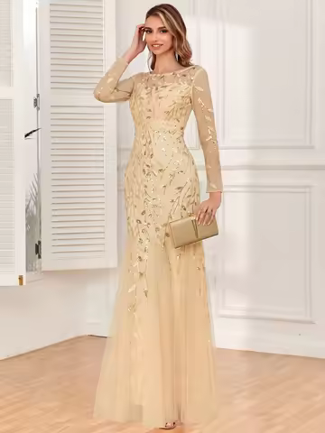 Elegant Gold Sequin Embroidered Mesh Mermaid Evening Dress for Prom Wedding Guest