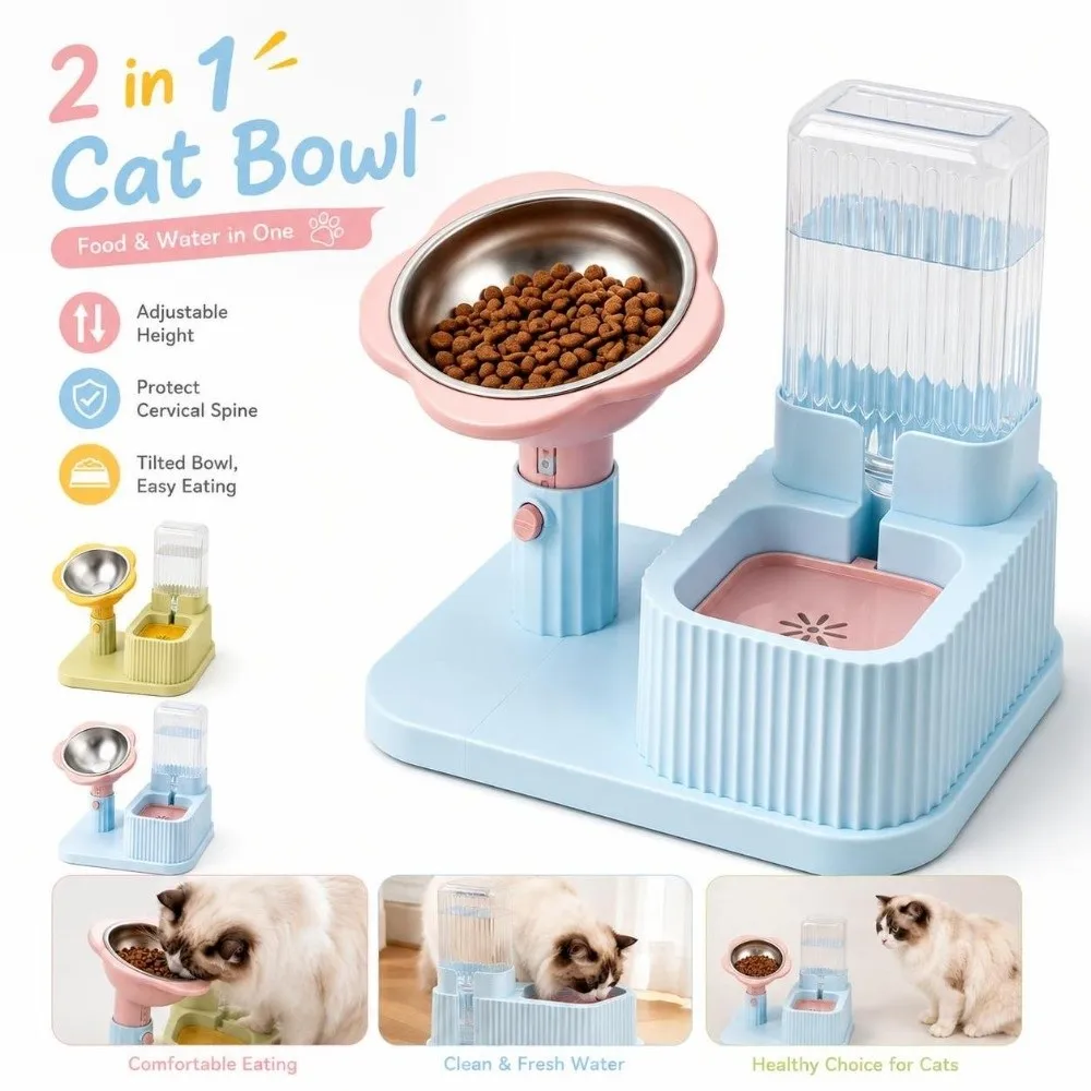 New 2 in 1 Cat Bowl Adjustable Height Detachable Dog Bowl Protects Cervical Anti-slip Base Pet Food Bowl Pet Feeding Supplies