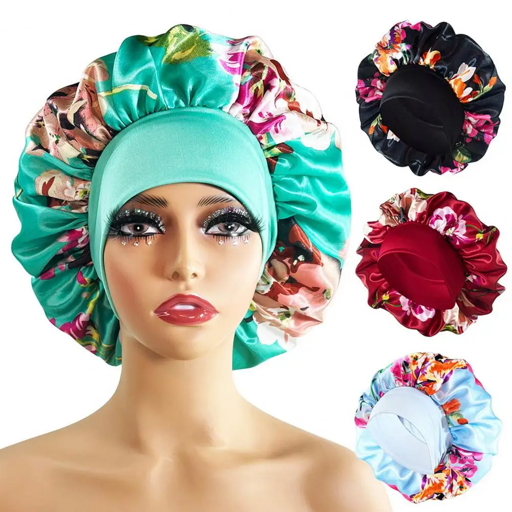 

Women Bathroom Cap Extra Large Silk Satin Bonnet Comfortable Flower Print Night Hat for Women with Braids Curly Hair Ladies Hat