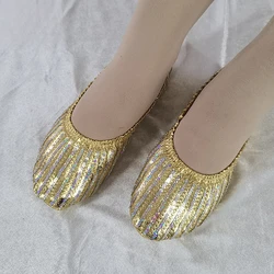 Women Belly Dance Sequined Soft-soled Shoes Striped Slipper Flat Ballet Gymnastics Dancing Shoes Soft Sole Non-slip Flat Shoes