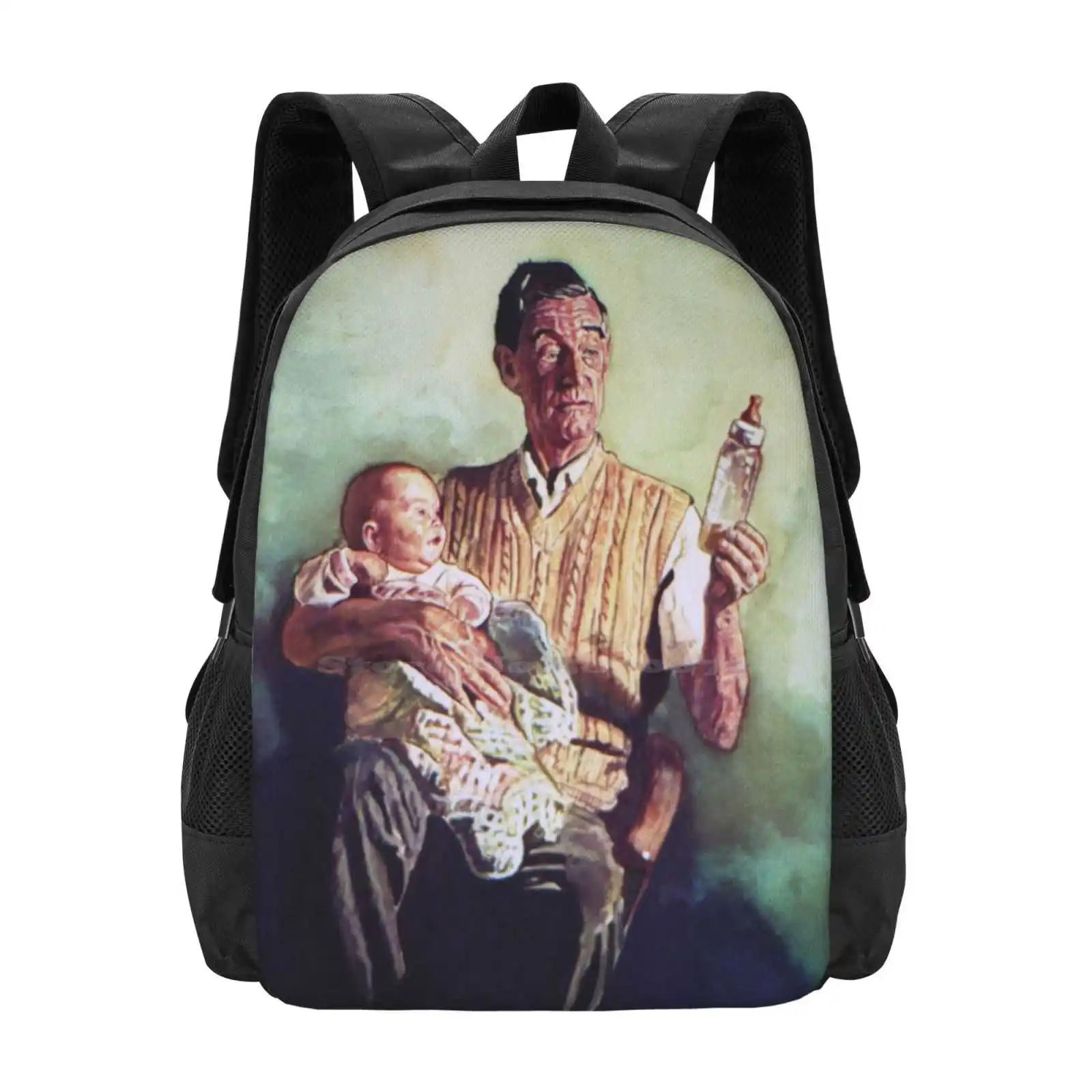 حقيبة ظهر مدرسية للكمبيوتر المحمول للسفر بتصميم أنيق من Babysitting Baby Gouache Grandfather Portrait Face Cute Family #1