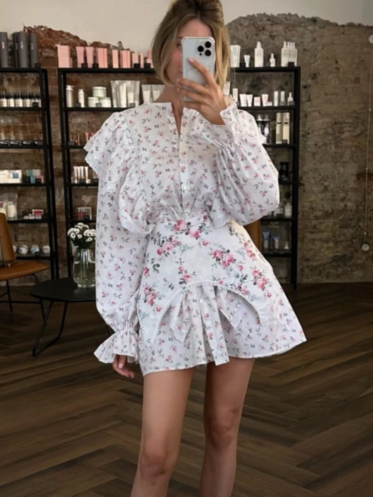 

FDYOUI Women's O-neck Single Breasted Ruffles Floral Dress with Corset Ladies Chic Long Sleeve Tunics Shirts Dresses High Street