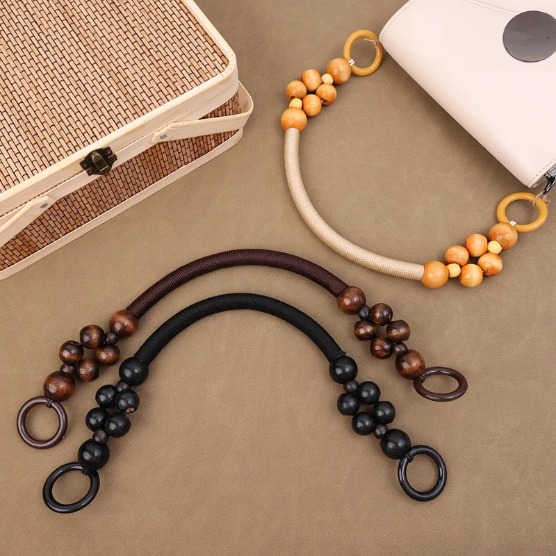 2 Pcs Vintage Woven DIY Handbag Handle Wooden Beads Versatile Portable Component Fasionable Bag Chains Firm Exquisite Bag Strap