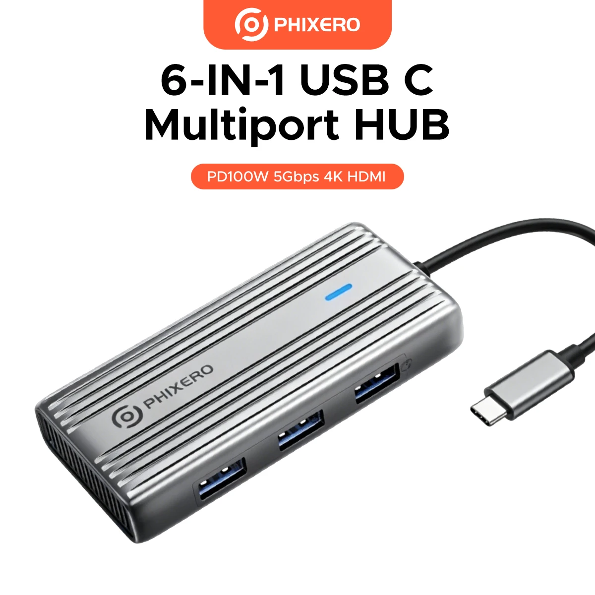 PHIXERO Type-C 6-IN-1 Docking Station 5Gbps Transmission Protocol PD100W 4K HDIM For MacBook Pro Lenovo Galaxy