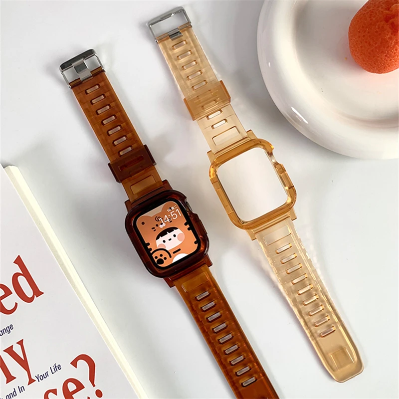 Clear Band+Case For Apple Watch Series 8 7 6 5 4 SE 44mm 42mm Transparent For iWatch 3 2 1 38mm 40mm 45mm 41mm Plastic Strap