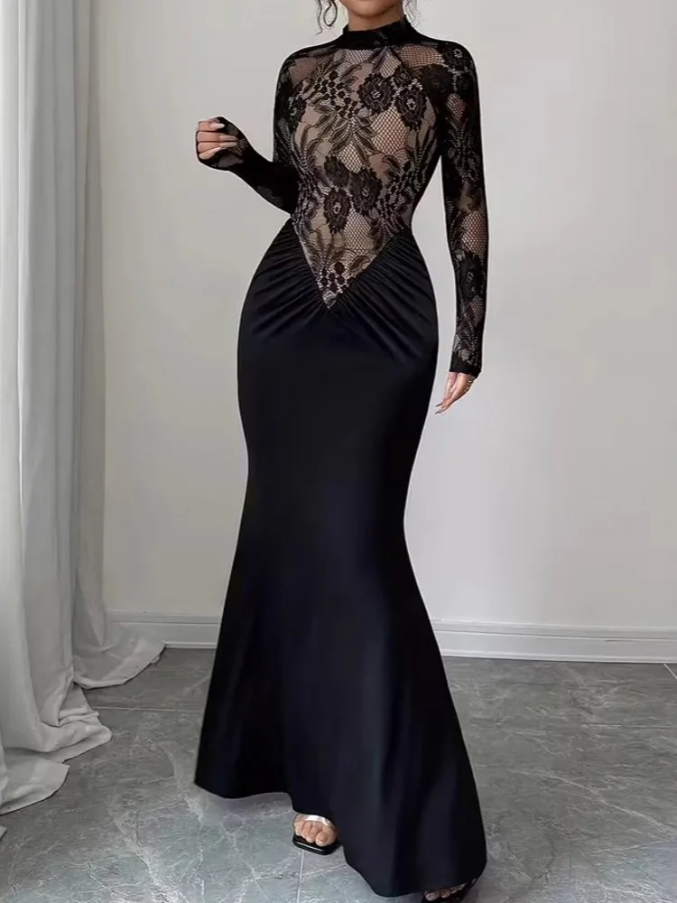 2026 Spring Autumn Winter Dress Women Long Sleeve O-Neck Solid Sexy Elegant Evening Party Skinny Stretch Maxi Bodycon Dresses