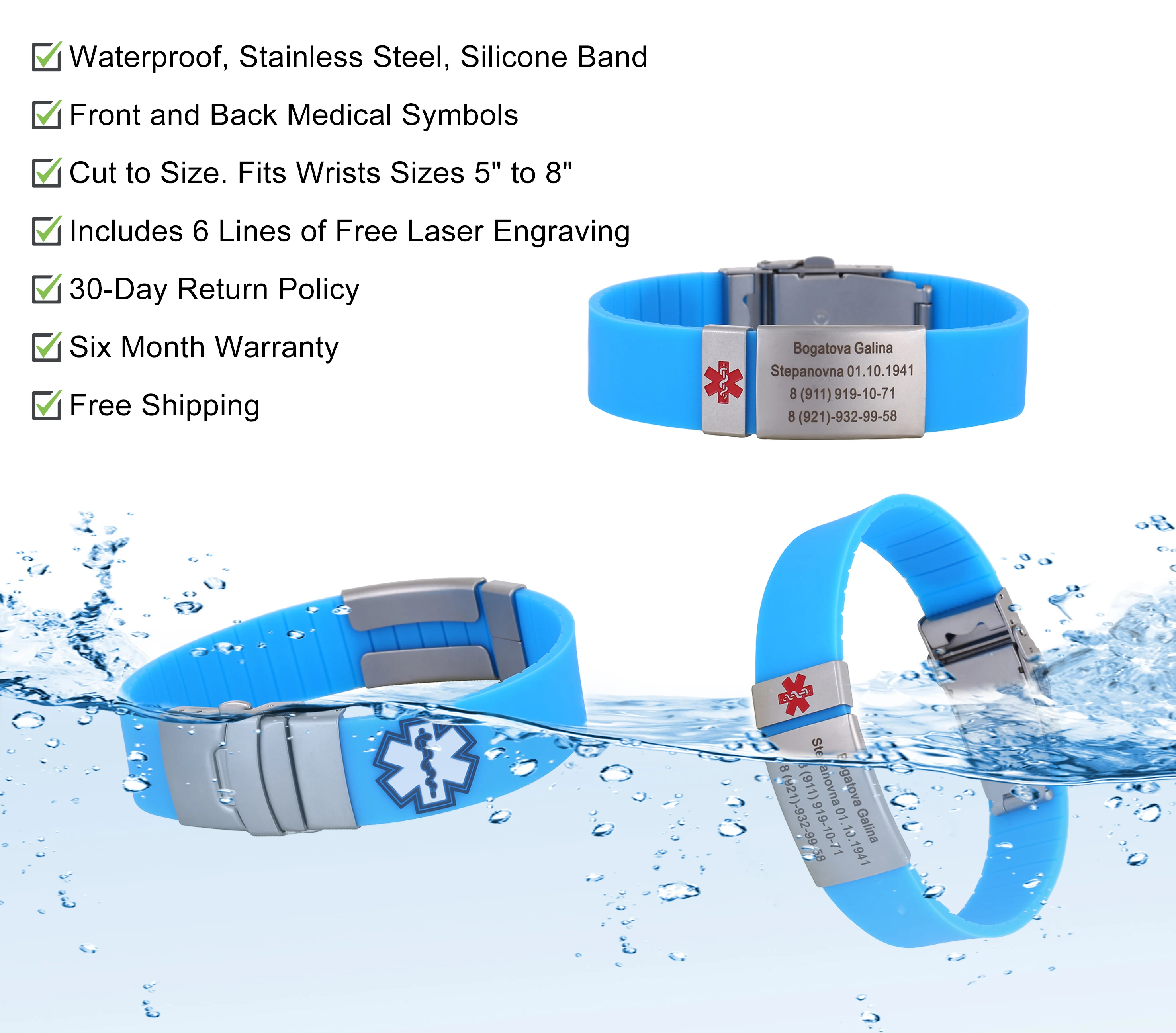 Pulseras de Identificación Médica Personalizadas, Plateadas, Ajustables, Resistentes al Agua, para Deportes, Emergencias, para Hombres, Mujeres,