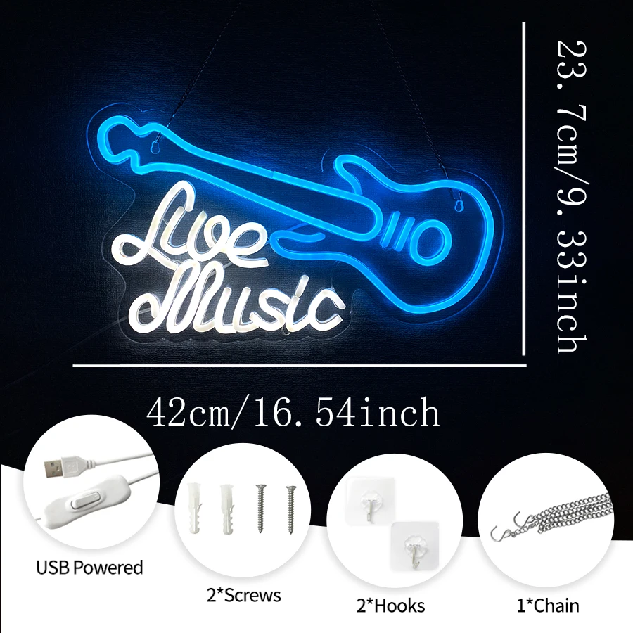 Live Music Led Neon Sign, Guitar Icon Music Studio Wall Decor, Used For Bedroom Bar Music Party Man Cave Club Art Wall Lamp.