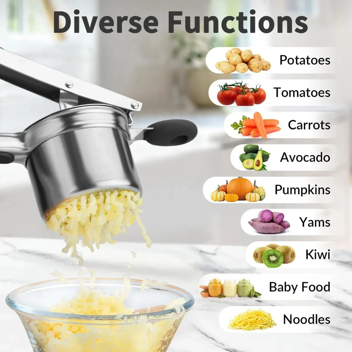 D5 Stainless Steel Heavy Duty Potato Ricer Vegetables Fruits Masher Spaetzle Maker Non Slip Handle Home Kitchen Accessories Tool