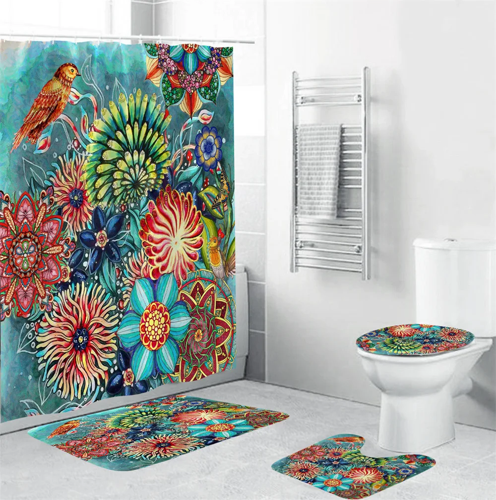 

European Vintage Patterned Shower Curtain Set Non-slip Mat Toilet Mat Shower Curtain Home Decor Washable Fabric