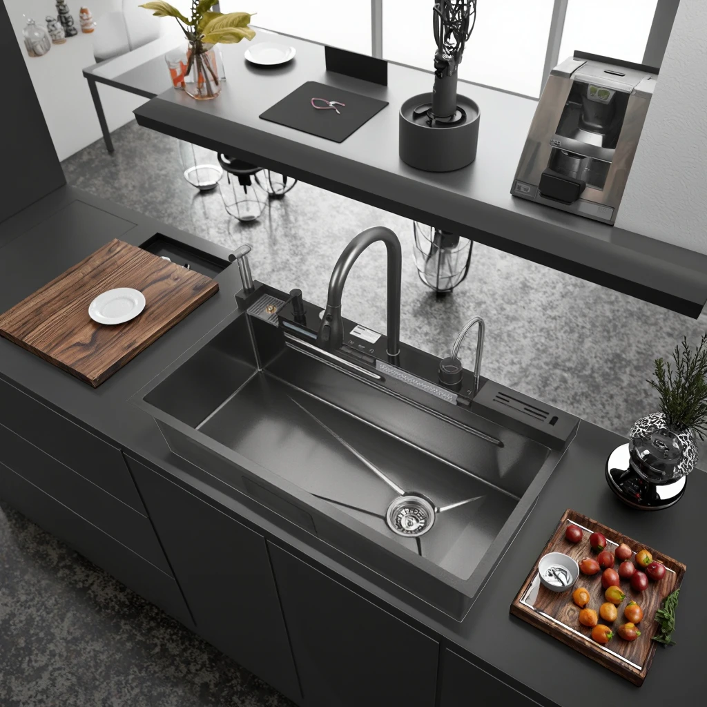 Luxury Smart Accessory Nano Steel Single-Bowl Kitchen Sink with Digital Drain Faucet Villas Stainless Steel Smart Accessories