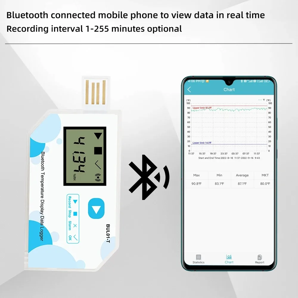 BUL01-T 60 Dagen Bluetooth Temperatuurrecorder Lcd-Display Datalogger 4400 Punten Temp Meting Wegwerp Recorder
