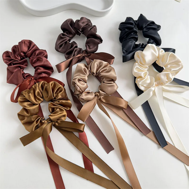 6pcs/set Women Scrunchies Solid Long Ribbon Bows Hair Bands Ties Elastic Ponytail Holder Ties Hair Rubber Bands Hair Accessories