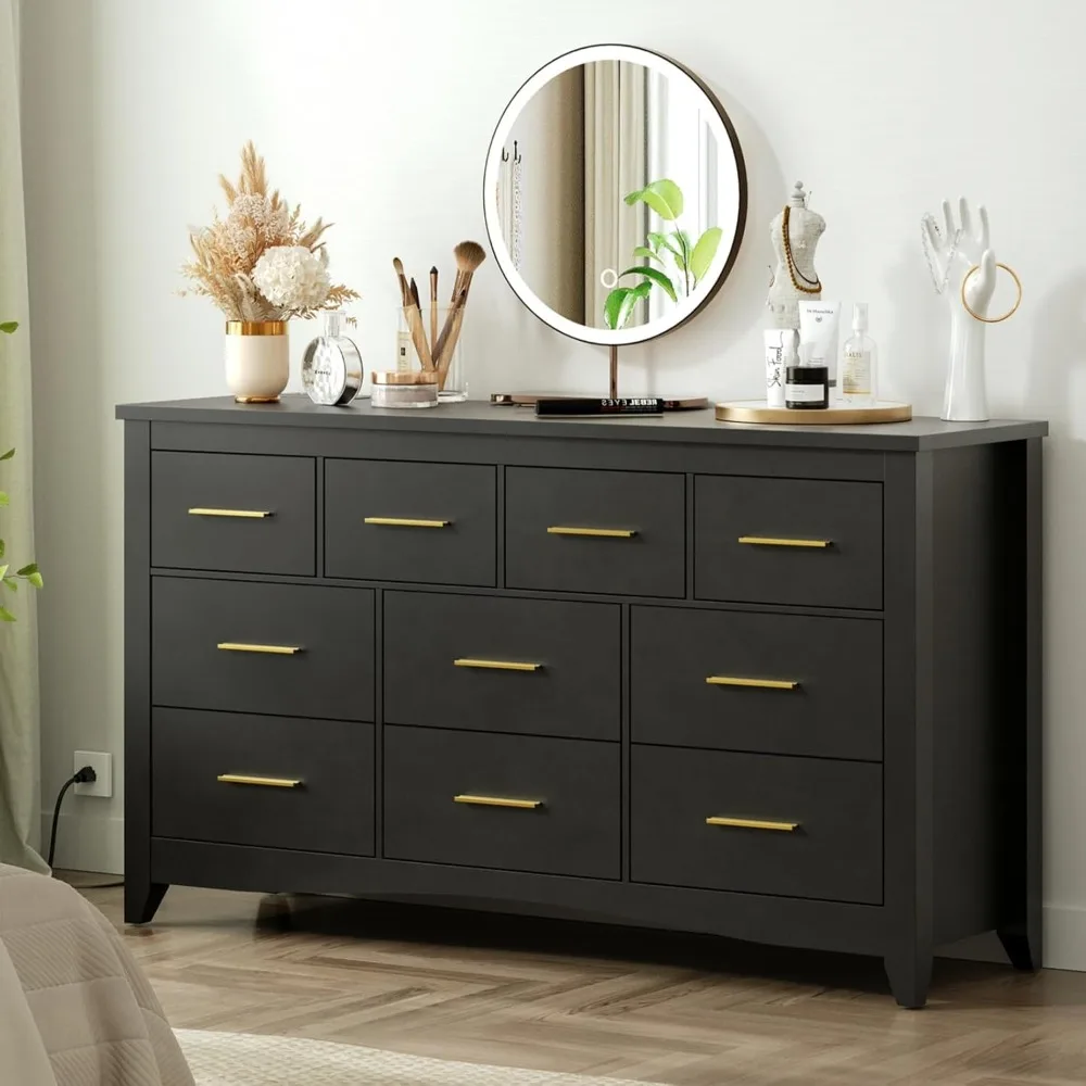 

10 Drawer Dresser for Bedroom, 55" Black Dressers with Charging Station, Wide Storage Dressers & Chests of Drawers, Modern Dress