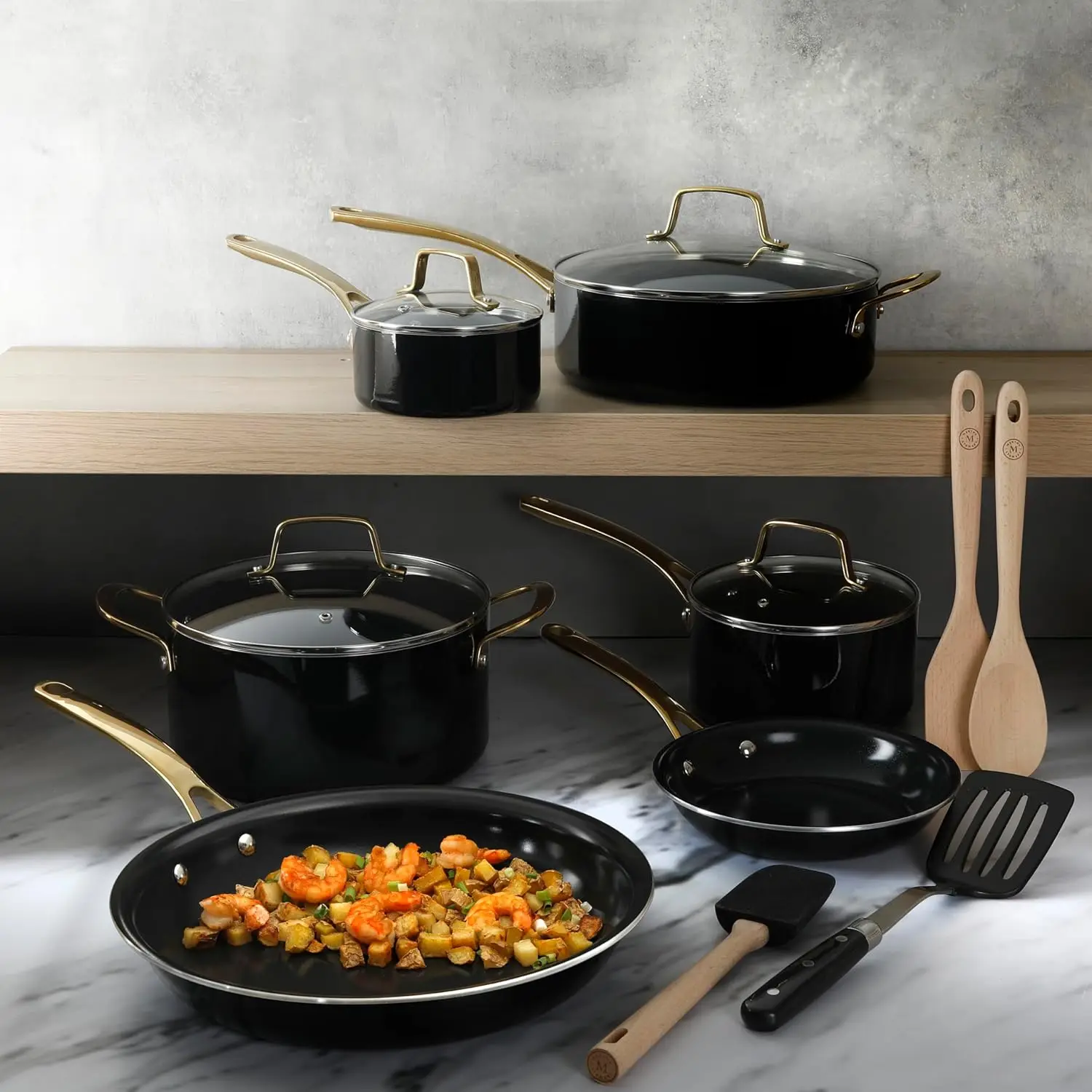 Lockton 14 Piece Premium Non-Stick Heavy-Gauge Aluminum Cookware Combo Set (Pots, Pans, and Tools) - Black w/Gold Handles