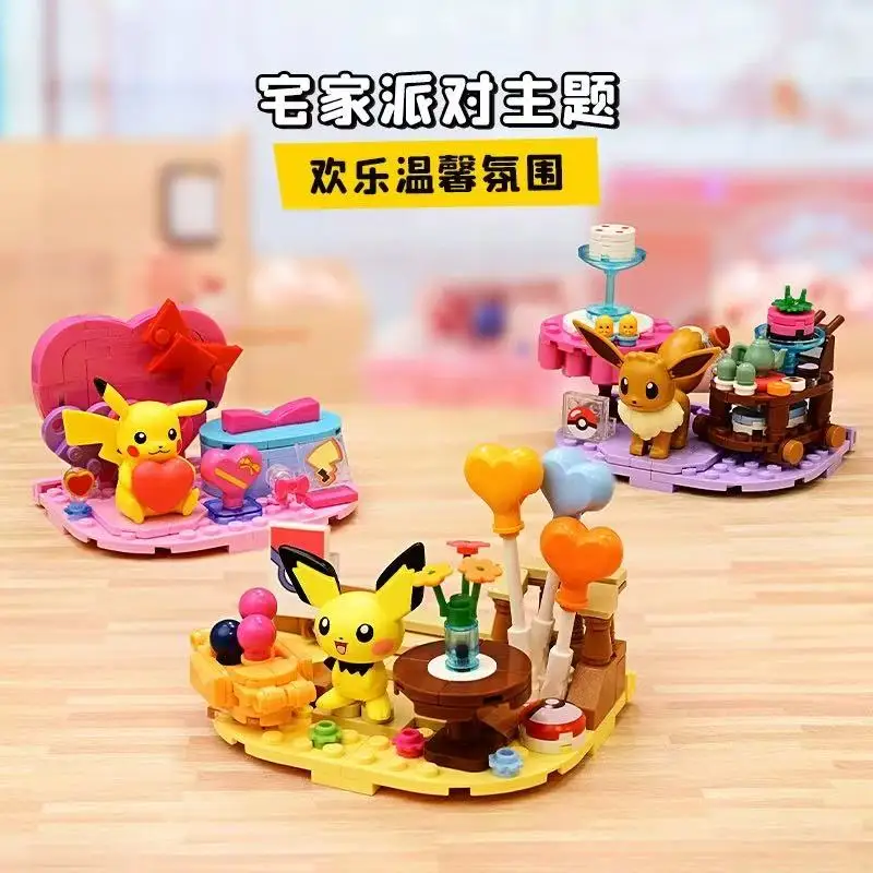 Original Pokémon Beach Party Theme Building Blocks Toys Pikachu Eevee Snorlax Pichu Figure Assemble Model Kids Puzzle Block Toys