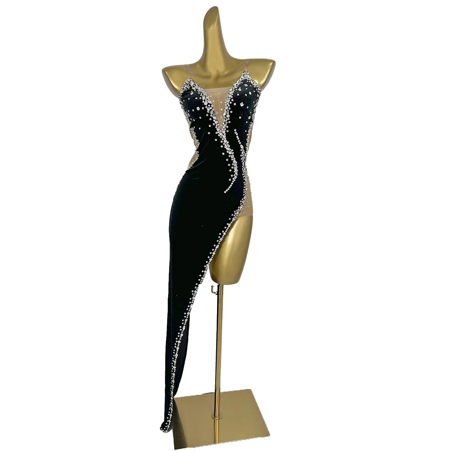 Black Velvet Strap Dresses for Women High-end Sparkly Rhinestone Asymmetrical Dress Birthday Celebrate Party Photo Shoot Wear