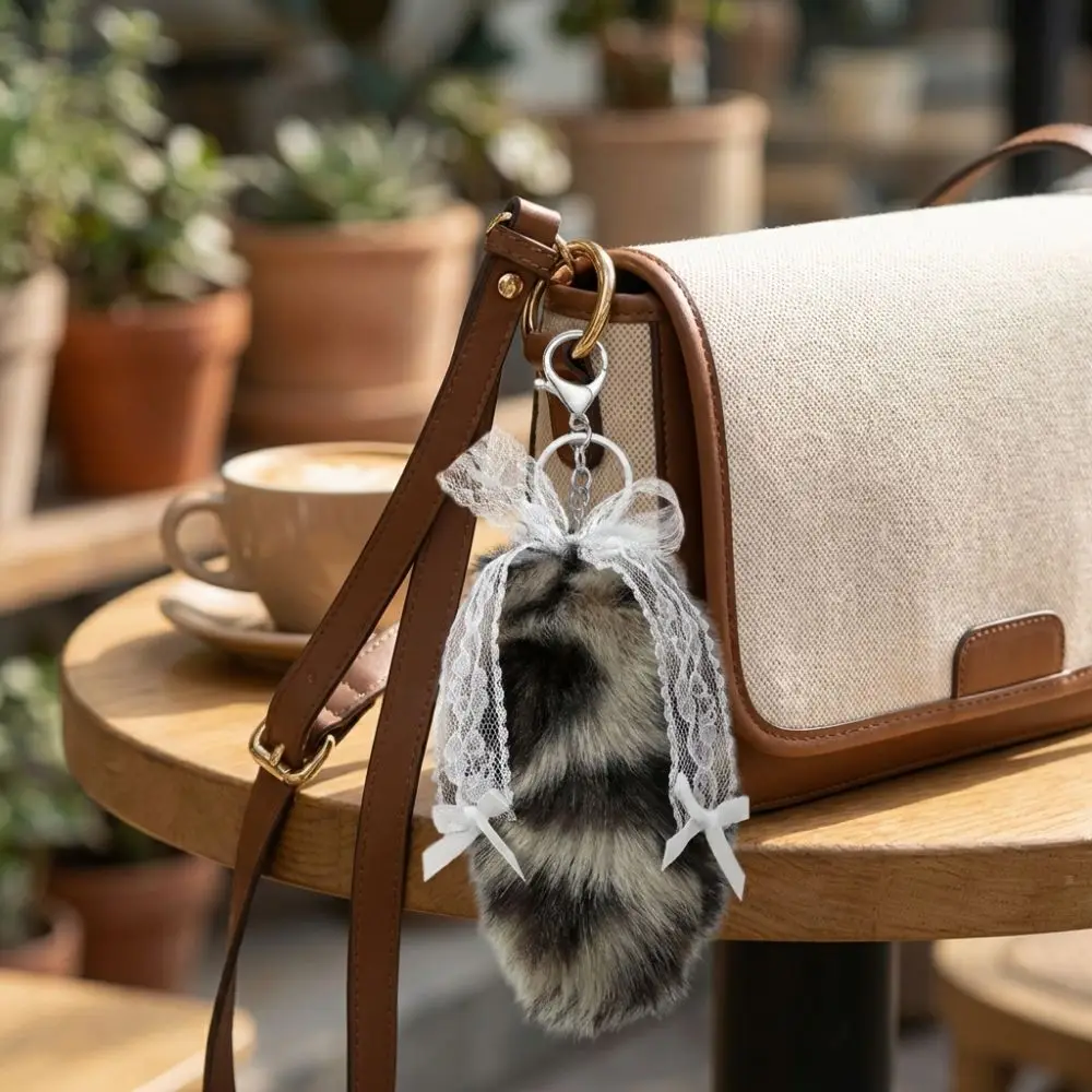 New Y2K Style Fluffy Tail Keychain Lace Bow DIY Bag Charm Leopard Print Soft Keychain Pendant Backpack Decoration