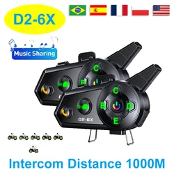 2024 New D2-6X Motorcycle Helmet Bluetooth Headset 6 People Switching Intercom Distance 1000M Multi-Scene Mixing IP66 Waterproof