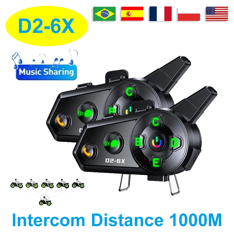 2024 New D2-6X Motorcycle Helmet Bluetooth Headset 6 People Switching Intercom Distance 1000 MetersMulti-Scene Mixing