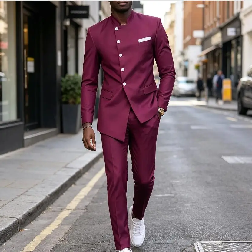 

Burgundy 2 Piece Men's Suit Stand Collar Single Breasted Fashion Blazer Set Casual Daily Smoking Suits for Men Jacket with Pants