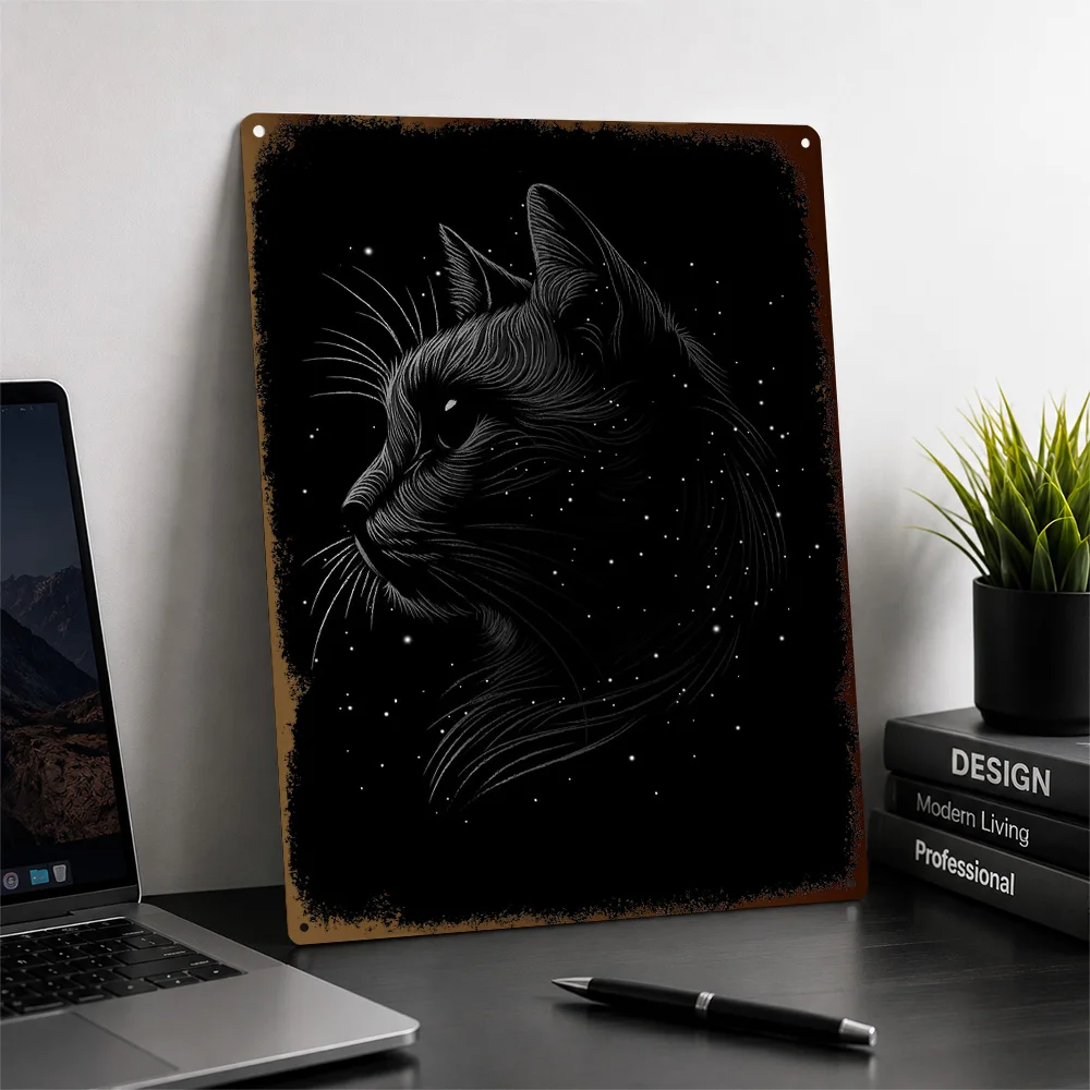 Black Cat Cosmic Silhouette Printed Poster Minimalist Wall Art For Bedroom Personalized Aluminum Metal Sign Housewarming Gift