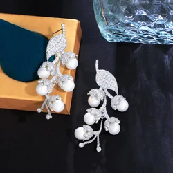 ThreeGraces Beauty Cubic Zirconia Imitation Pearl Long Leaf Drop Earrings for Women Elegant Bridal Wedding Party Jewelry E1407