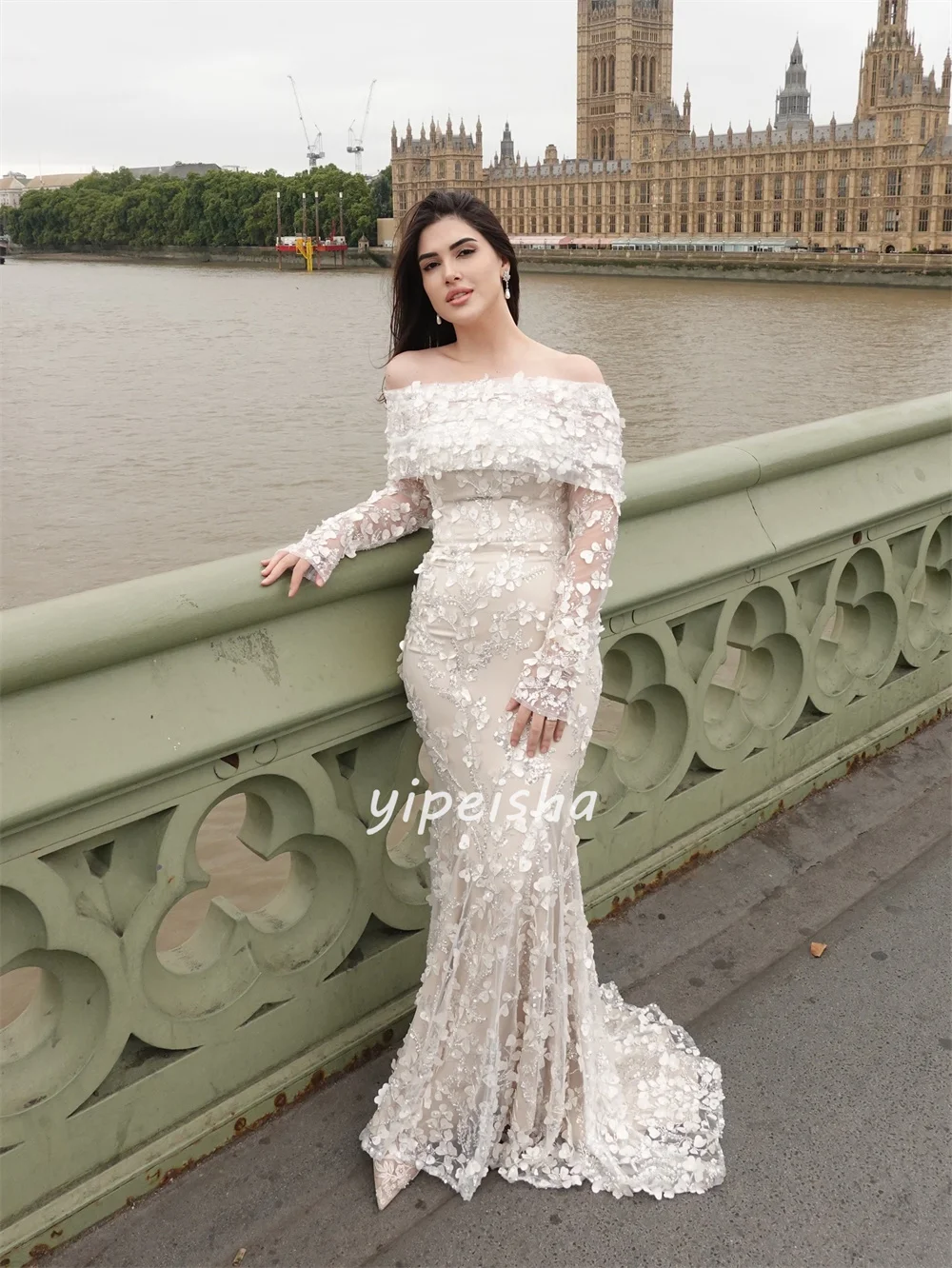 Customized Intricate Elegant Tulle Beading Flower Mermaid Off-the-shoulder Long Dresses Bespoke Occasion Dresses Sizes Available