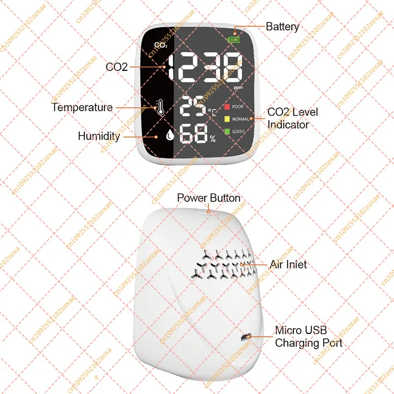 Mini CO2 Detector Alarm LED Display Air Quality Monitor Carbon Dioxide Temp Humidity Meter for Home Office School
