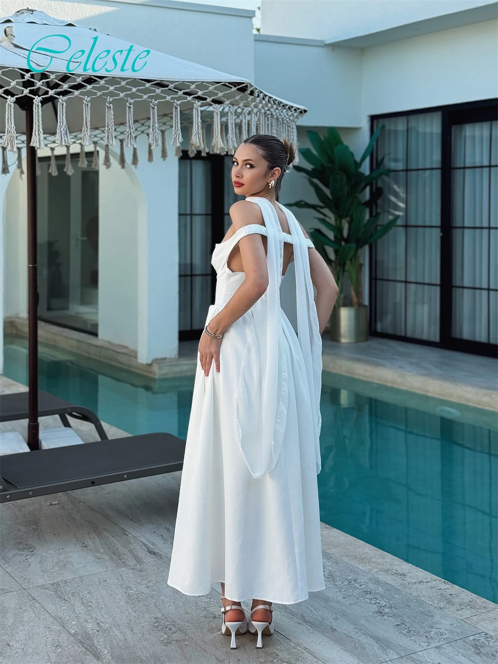 فستان سهرة مخصص برقبة قارب وأزياء رائعة من الساتان للمناسبات الخاصة وفساتين الحفلات بأكمام قصيرة رقيقة