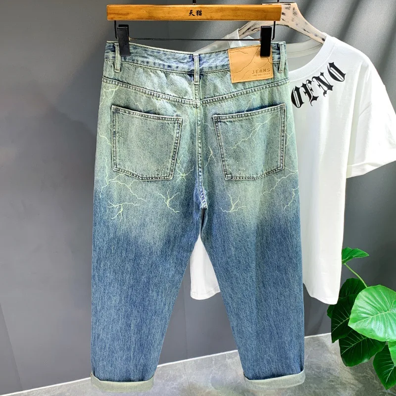 Jeans masculino solto, cor gradiente reta, calça de perna larga, tendência de rua, estilo coreano, personalidade nova moda, 2024